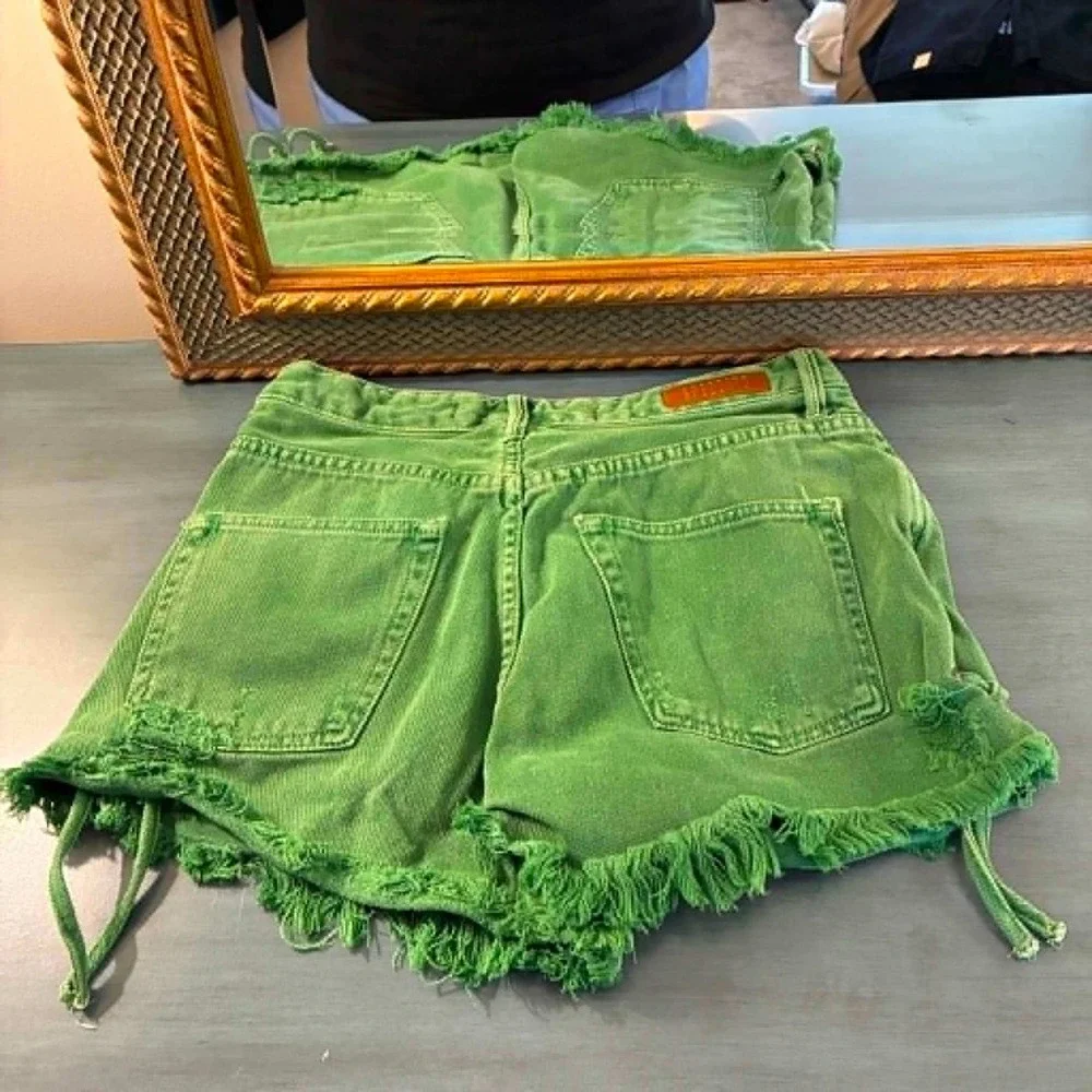 Spezzato Teen Denim Shorts Womens 38 Green Distressed Lace Up Frayed